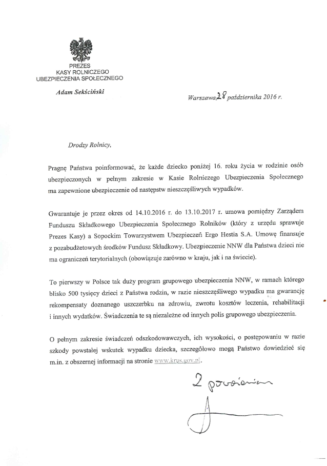 List Prezesa KRUS do Rolników